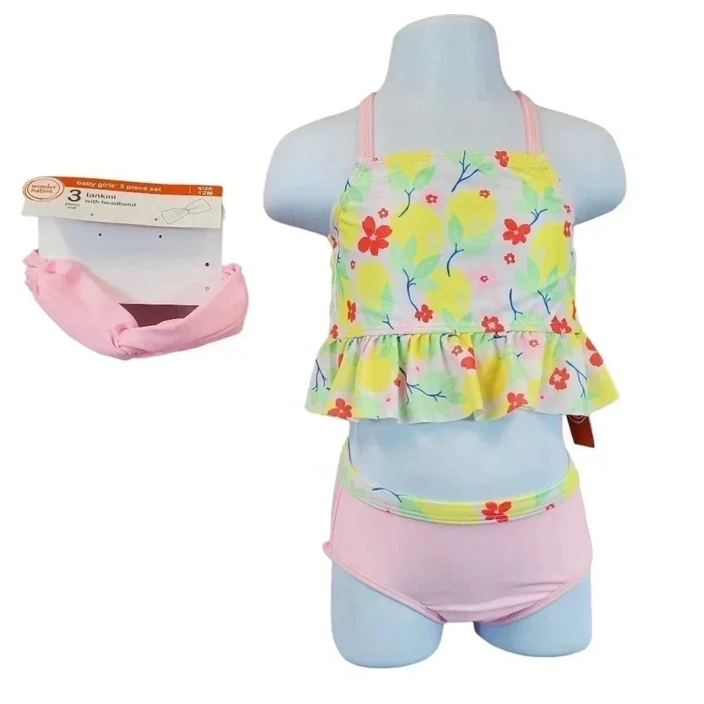 12m Baby Girls Pink and Flower 3pc Tankini, Girls Summer Swimwear Swimsuit